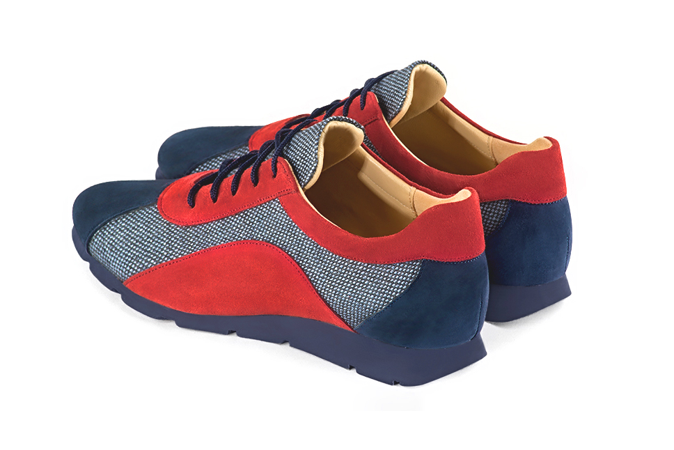 Navy blue and scarlet red women's open back shoes. Round toe. Flat rubber soles. Rear view - Florence KOOIJMAN